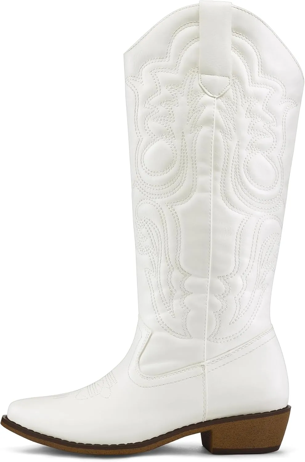 mysoft Women's Cowboy Boots Mid Calf Cowgirl Embroidered Western Pointed Toe Chunky Heel Pull On Knee High Boots