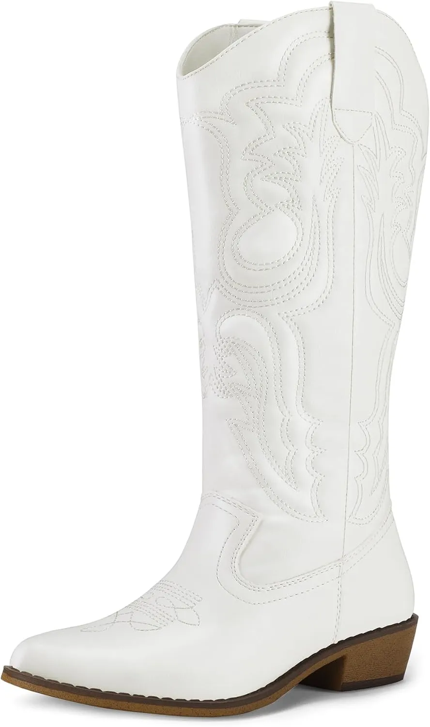 mysoft Women's Cowboy Boots Mid Calf Cowgirl Embroidered Western Pointed Toe Chunky Heel Pull On Knee High Boots