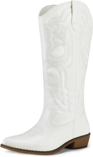 mysoft Women's Cowboy Boots Mid Calf Cowgirl Embroidered Western Pointed Toe Chunky Heel Pull On Knee High Boots