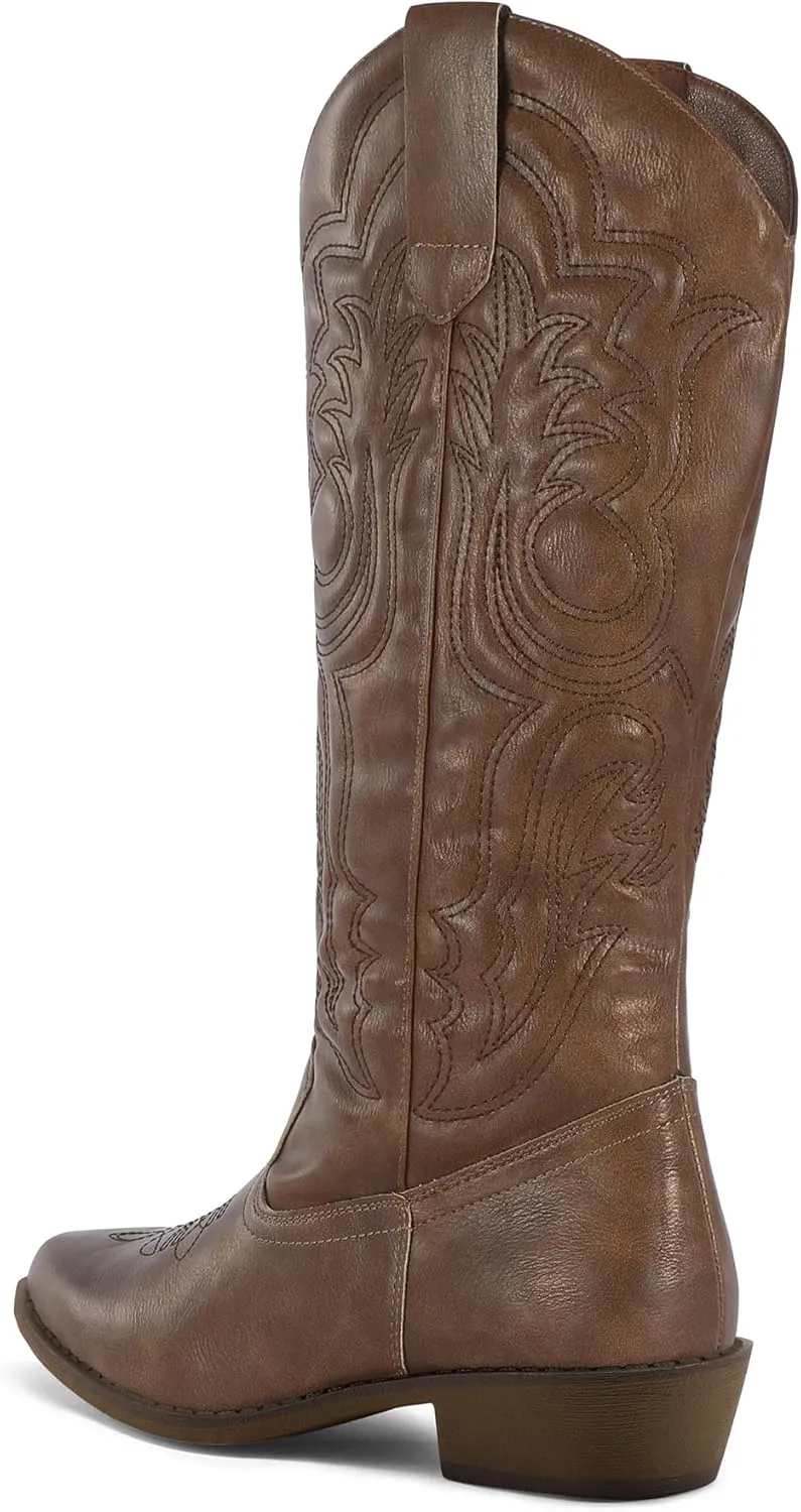 mysoft Women's Cowboy Boots Mid Calf Cowgirl Embroidered Western Pointed Toe Chunky Heel Pull On Knee High Boots