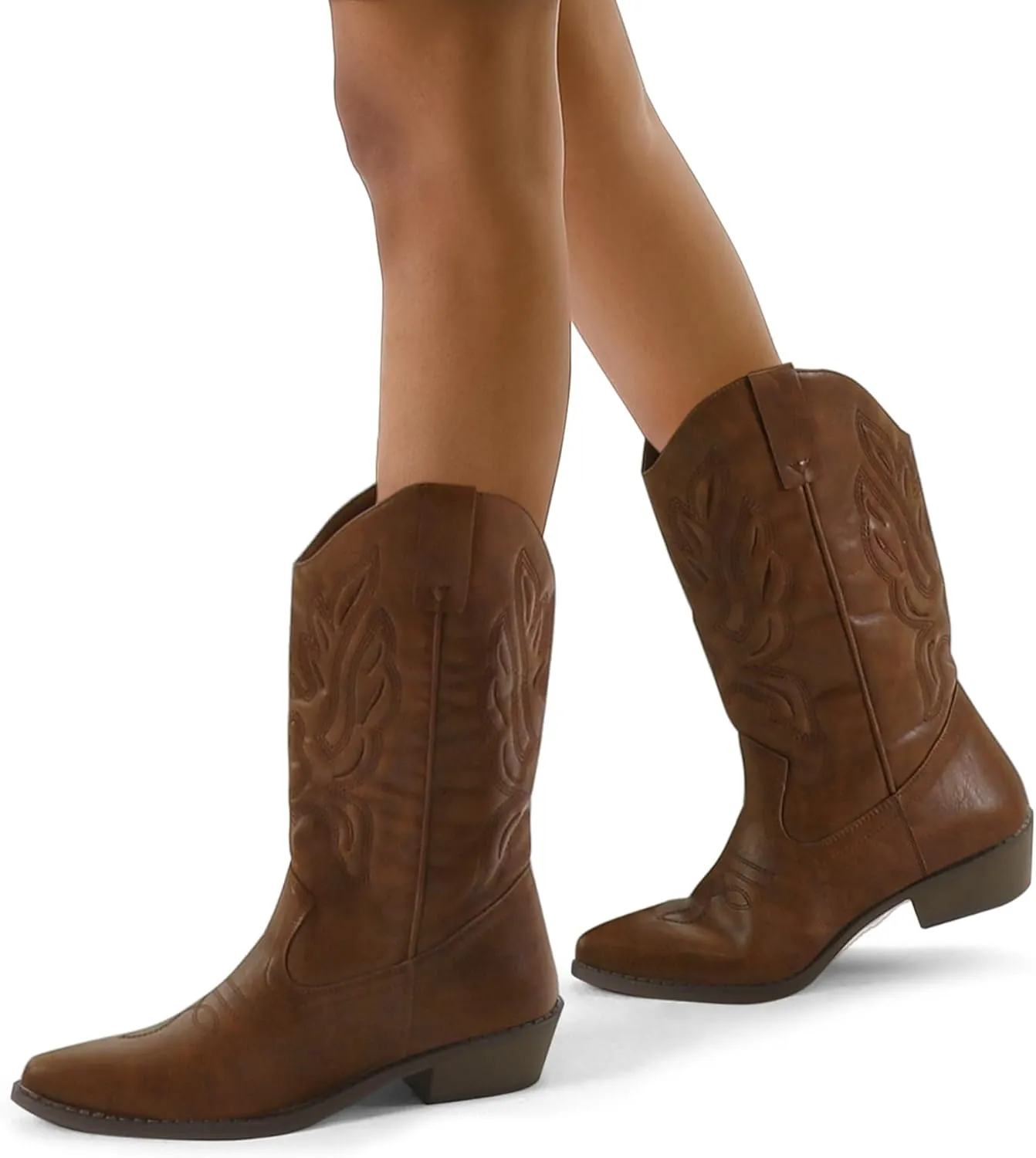 mysoft Women's Western Cowboy Boots Embroidered Mid-Calf Pointed Toe Cowgirl Boot