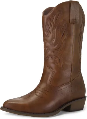 mysoft Women's Western Cowboy Boots Embroidered Mid-Calf Pointed Toe Cowgirl Boot