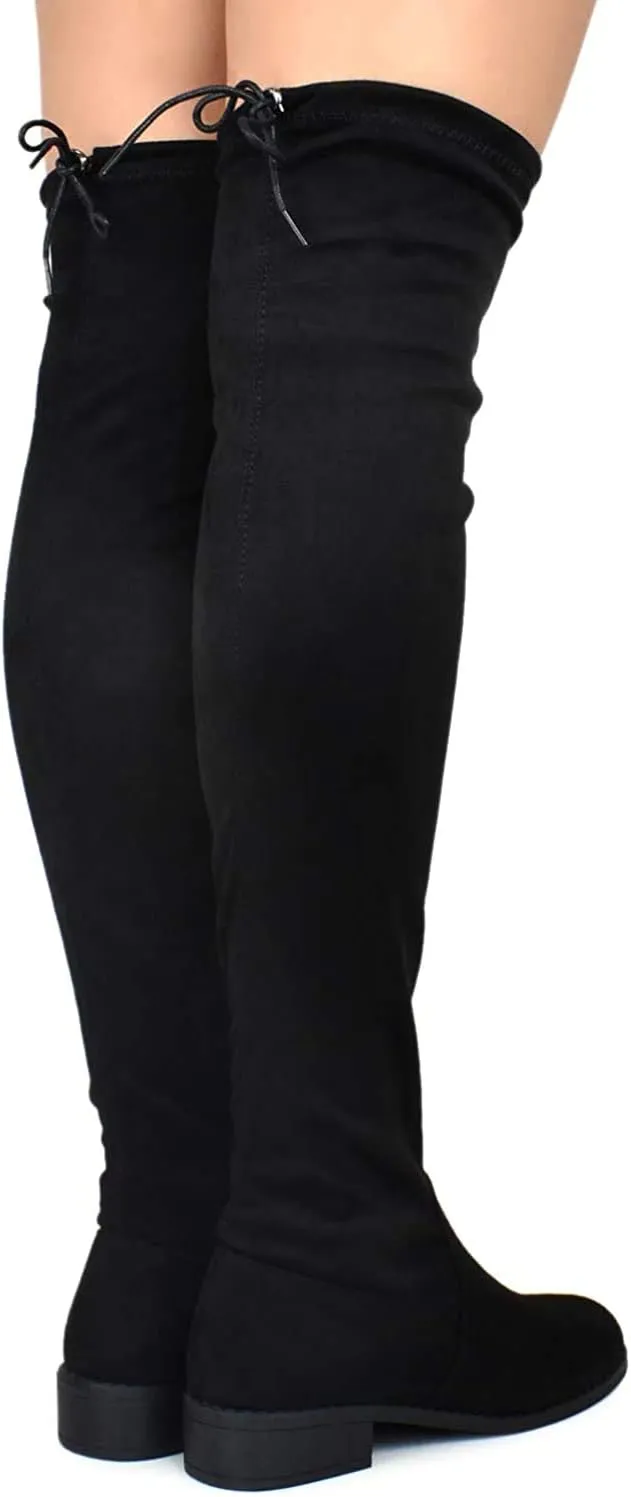 Nature Breeze Olympia 20 Womens Stretchy Thigh High Side Zipper Low Heel Combat Boots