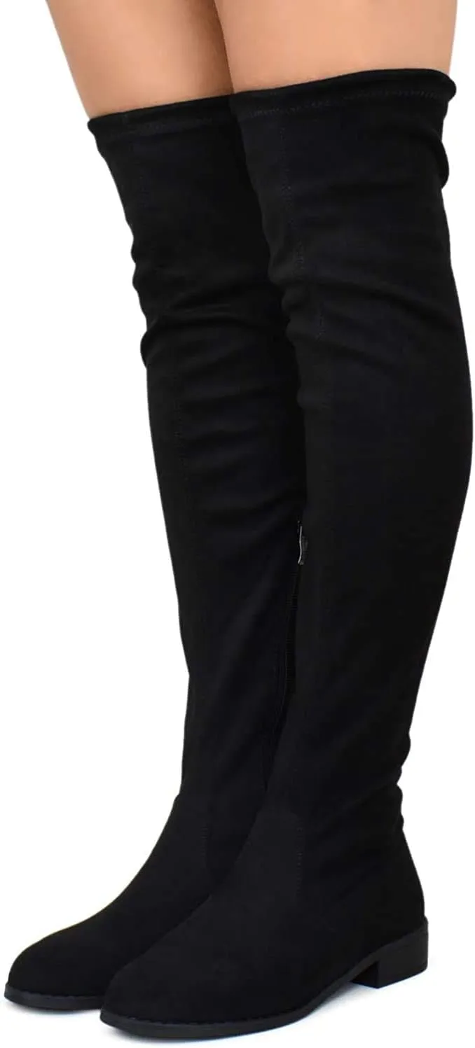 Nature Breeze Olympia 20 Womens Stretchy Thigh High Side Zipper Low Heel Combat Boots