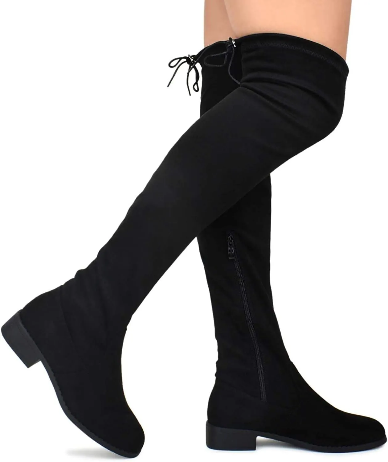 Nature Breeze Olympia 20 Womens Stretchy Thigh High Side Zipper Low Heel Combat Boots