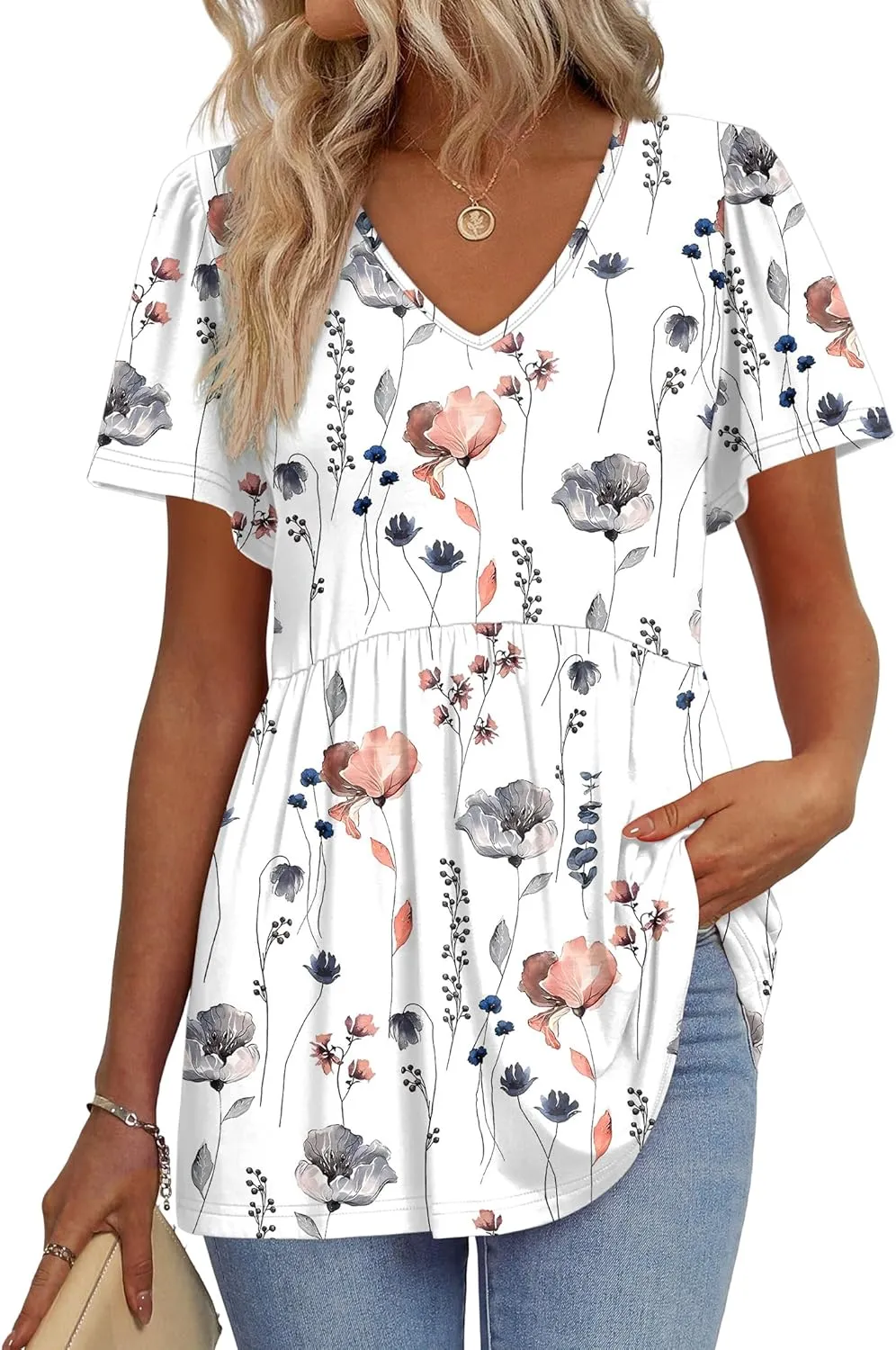 OFEEFAN Womens Summer Tops Babydoll Short Sleeve Shirts Puff Sleeve Peplum Tops V Neck T Shirts