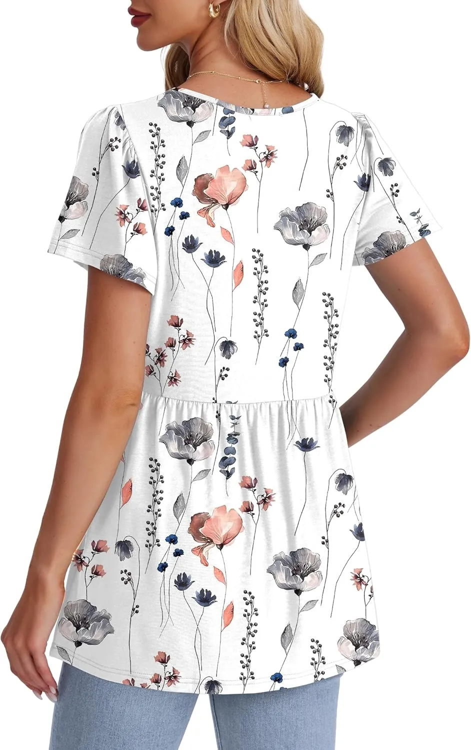 OFEEFAN Womens Summer Tops Babydoll Short Sleeve Shirts Puff Sleeve Peplum Tops V Neck T Shirts