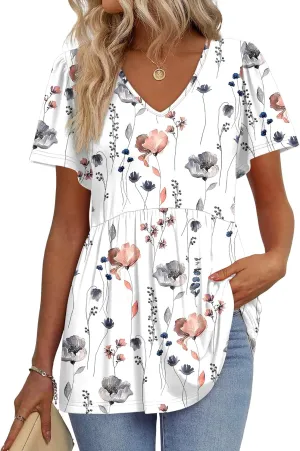 OFEEFAN Womens Summer Tops Babydoll Short Sleeve Shirts Puff Sleeve Peplum Tops V Neck T Shirts