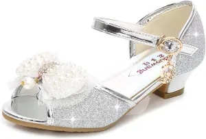 OMEARK Girls Dress Wedding Party Shoes Peep Toe Sparkly Cosplay Low Heel Princess Shoes Glitter Sequins Pearls Butterfly Ankle Strap Fashion Sandals for Kids Toddler