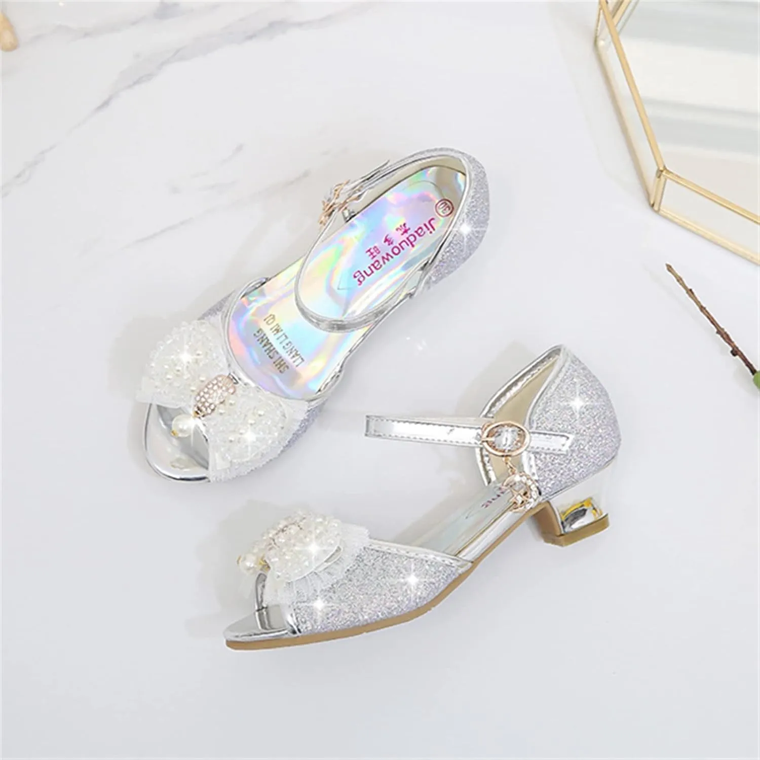 OMEARK Girls Dress Wedding Party Shoes Peep Toe Sparkly Cosplay Low Heel Princess Shoes Glitter Sequins Pearls Butterfly Ankle Strap Fashion Sandals for Kids Toddler