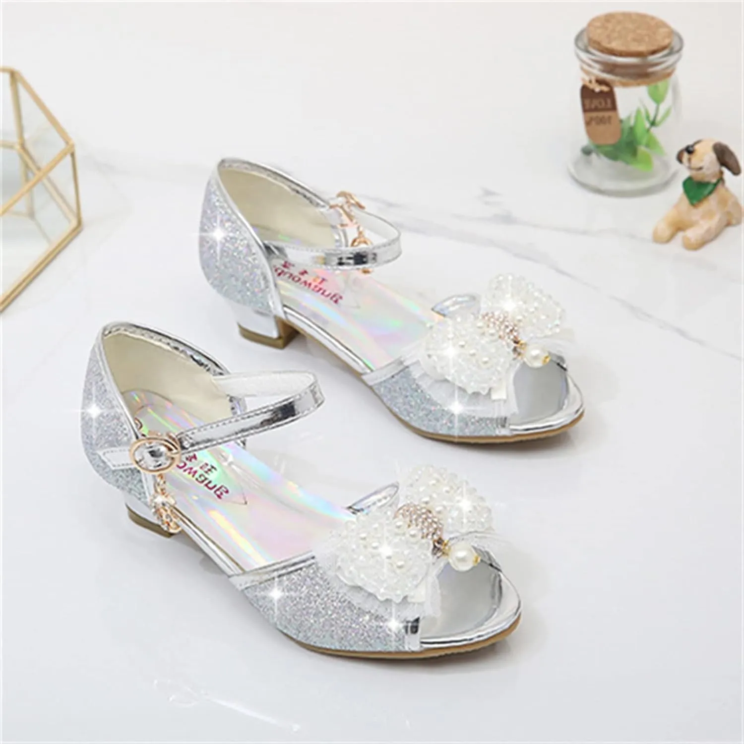 OMEARK Girls Dress Wedding Party Shoes Peep Toe Sparkly Cosplay Low Heel Princess Shoes Glitter Sequins Pearls Butterfly Ankle Strap Fashion Sandals for Kids Toddler