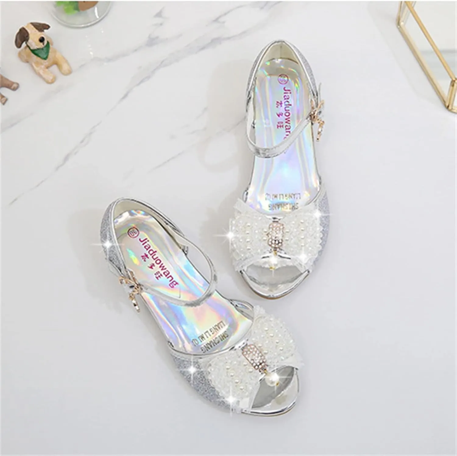 OMEARK Girls Dress Wedding Party Shoes Peep Toe Sparkly Cosplay Low Heel Princess Shoes Glitter Sequins Pearls Butterfly Ankle Strap Fashion Sandals for Kids Toddler