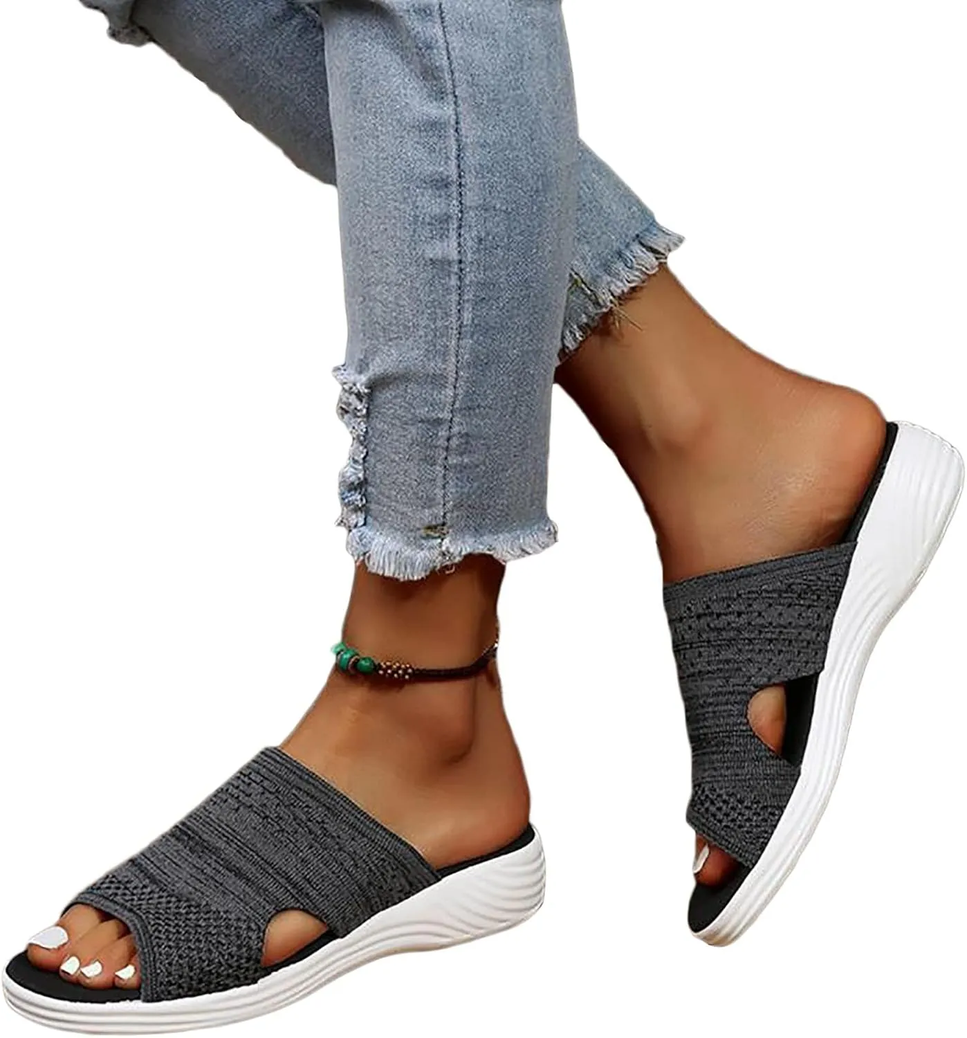 OMIREL Platform Sandals Women Casual Summer Hollow Out Vintage Comfy Sports Knit Sandals Slip on Slipper Open Toe Fish Mouth Beach Casual Sandals,Black,US10/EU41