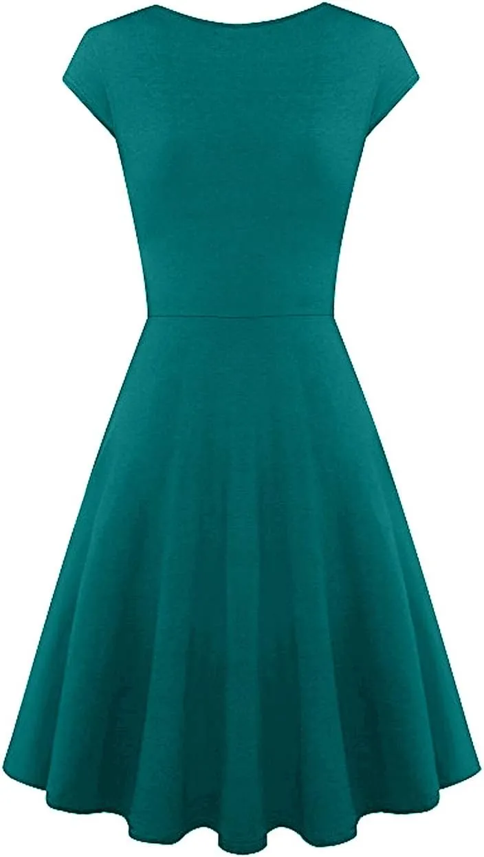 OMZIN Women's Summer 1950s Vintage Dress Wrap V Neck Cap Sleeve Dress Cocktail Swing Dress A-Line Flared Midi Dress