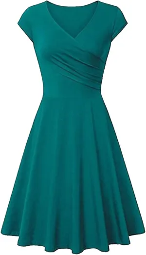 OMZIN Women's Summer 1950s Vintage Dress Wrap V Neck Cap Sleeve Dress Cocktail Swing Dress A-Line Flared Midi Dress