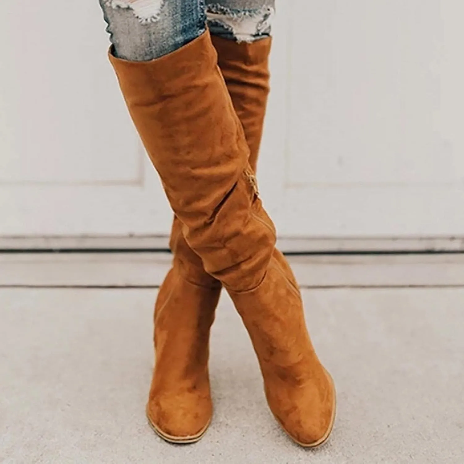 Over Knee Boots for Women Wide Calf Plus Size Fashion Boot Block High Heel Side Zipper Booties Casual Cozy Winter Boots