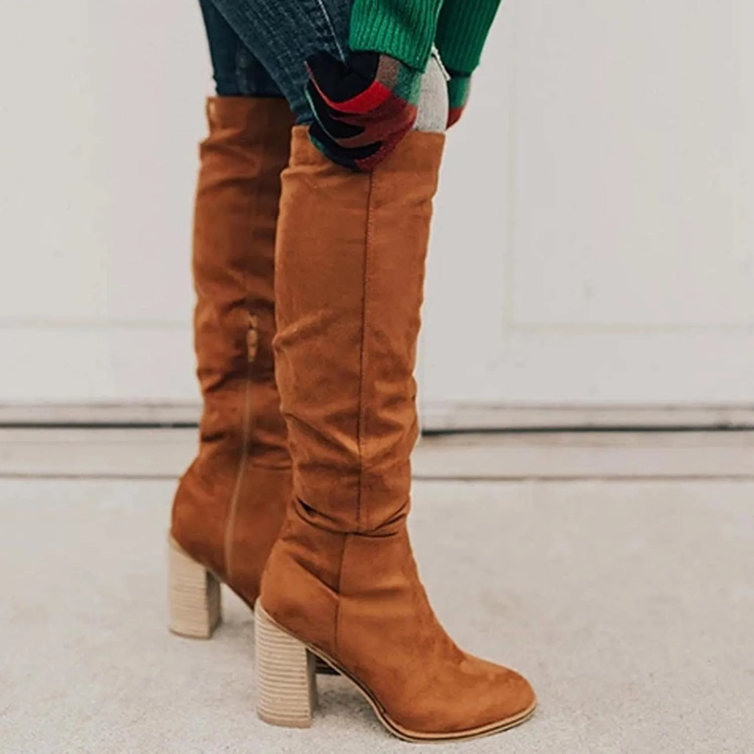 Over Knee Boots for Women Wide Calf Plus Size Fashion Boot Block High Heel Side Zipper Booties Casual Cozy Winter Boots