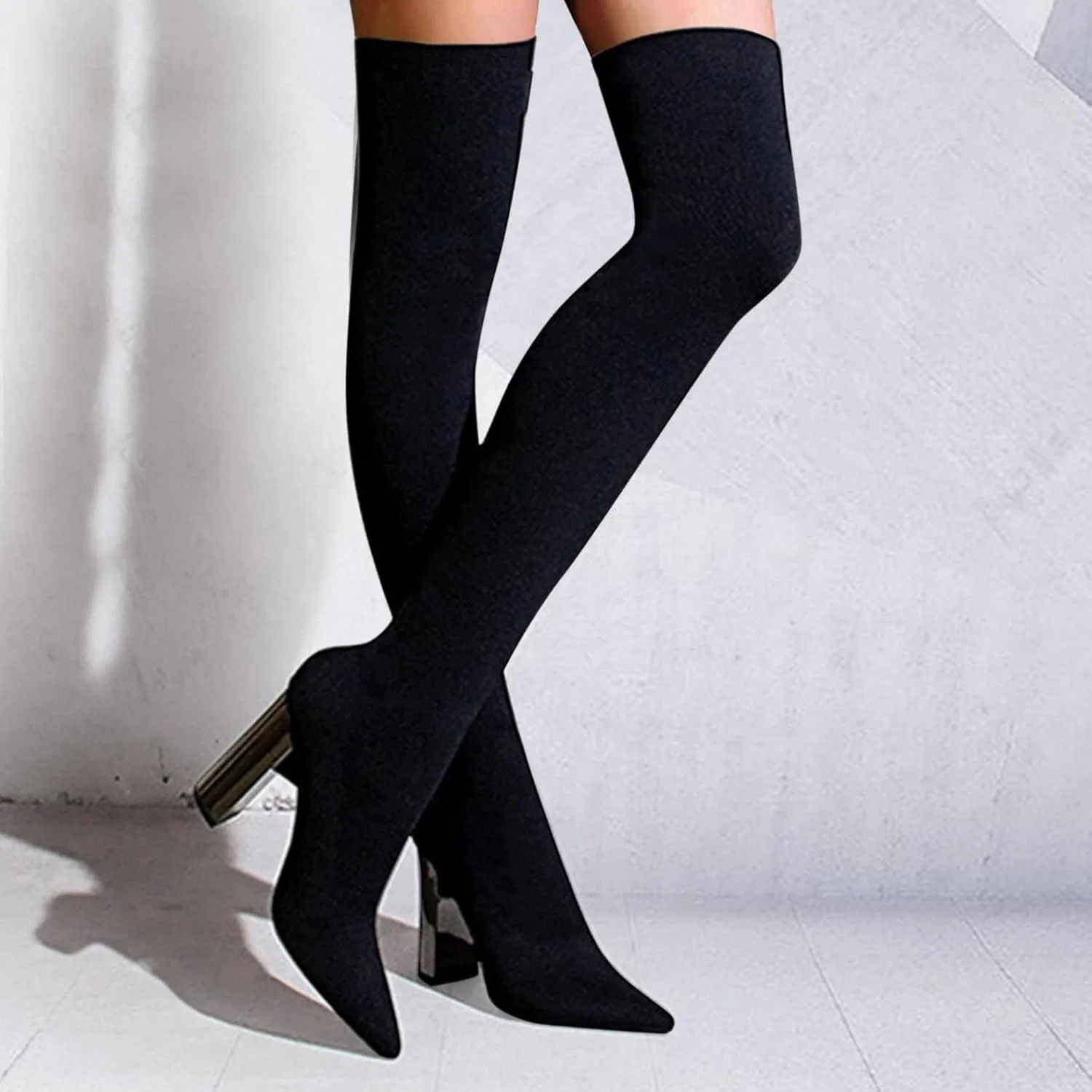 Over Knee Boots for Women Wide Calf Plus Size Fashion Boot Block High Heel Side Zipper Booties Casual Cozy Winter Boots