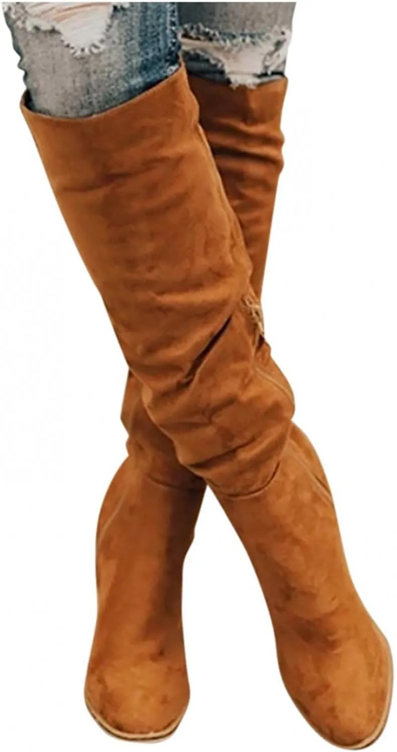 Over Knee Boots for Women Wide Calf Plus Size Fashion Boot Block High Heel Side Zipper Booties Casual Cozy Winter Boots