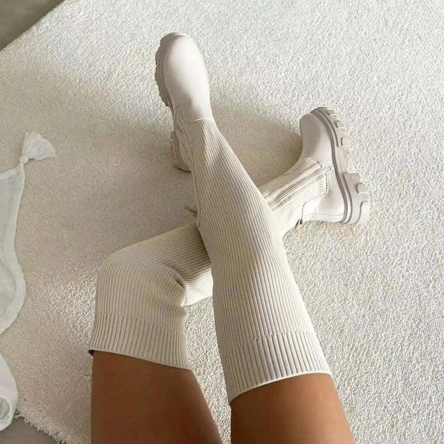 Over Knee Boots for Women Wide Calf Plus Size Fashion Boot Block High Heel Side Zipper Booties Casual Cozy Winter Boots