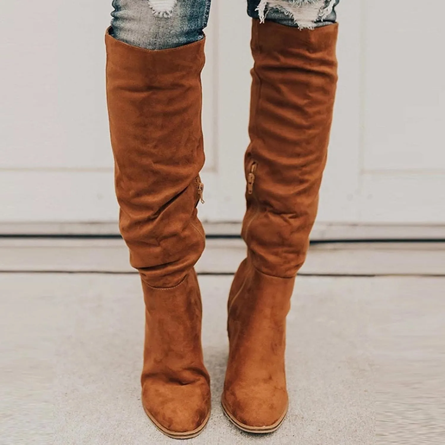 Over Knee Boots for Women Wide Calf Plus Size Fashion Boot Block High Heel Side Zipper Booties Casual Cozy Winter Boots