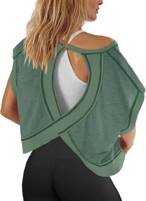 Panadila Womens Open Back Workout Top Oversized Workout T Shirts Backless Athletic Shirt Short Sleeve Baby Tee