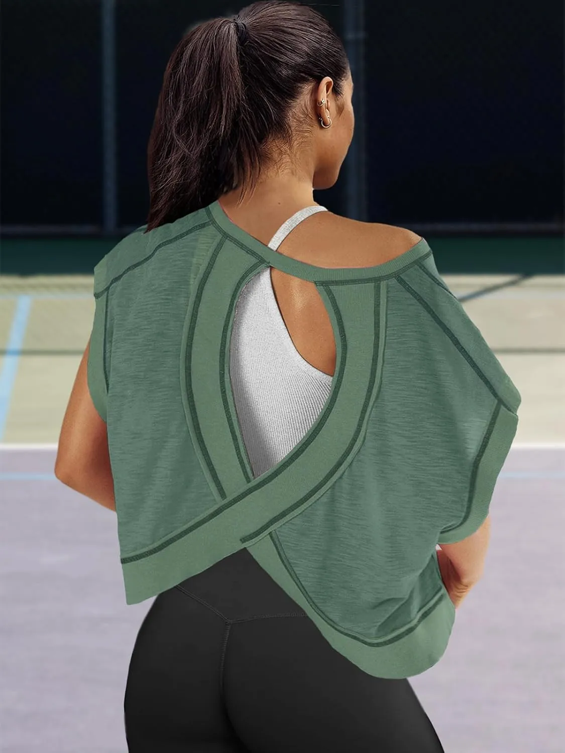 Panadila Womens Open Back Workout Top Oversized Workout T Shirts Backless Athletic Shirt Short Sleeve Baby Tee