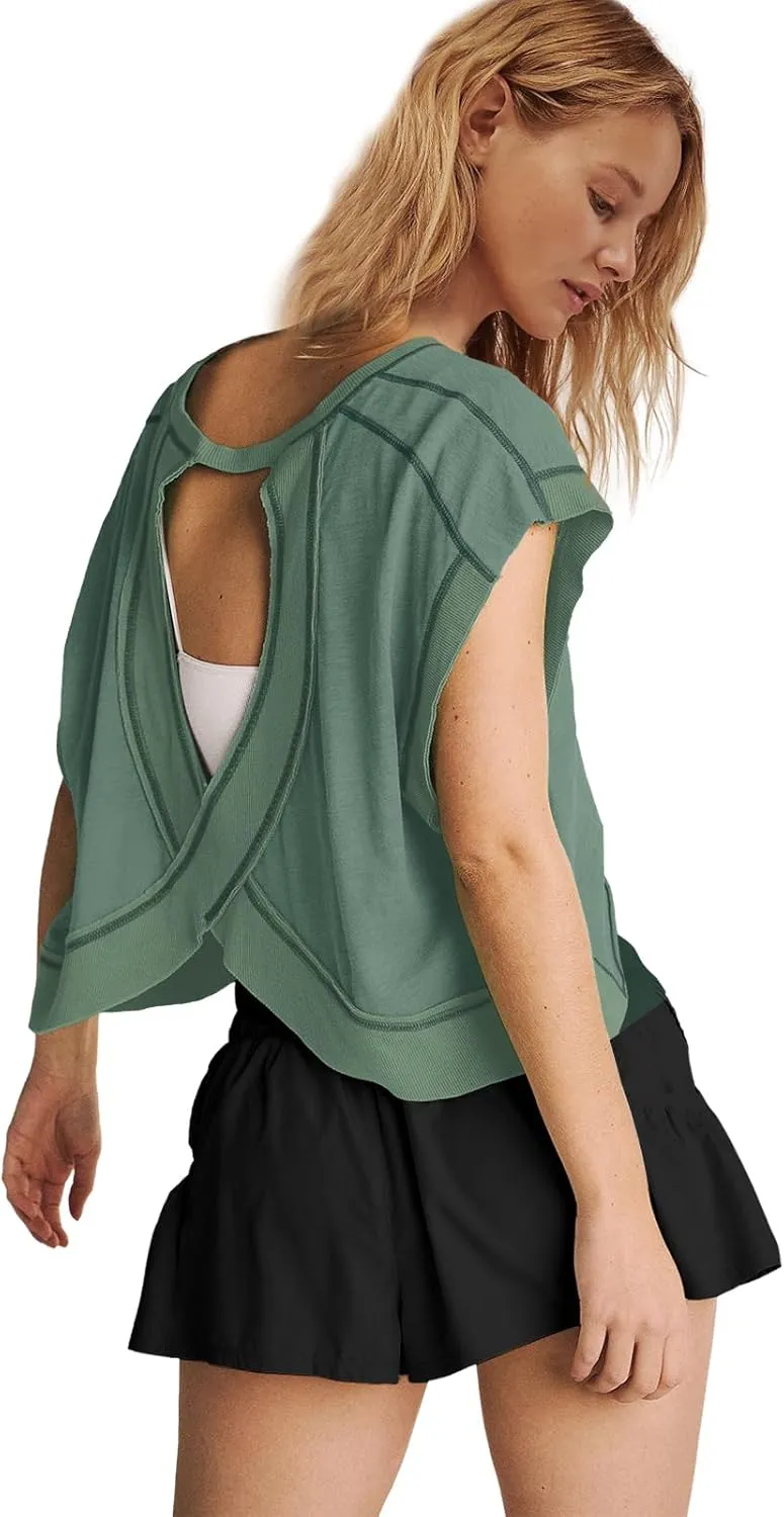 Panadila Womens Open Back Workout Top Oversized Workout T Shirts Backless Athletic Shirt Short Sleeve Baby Tee