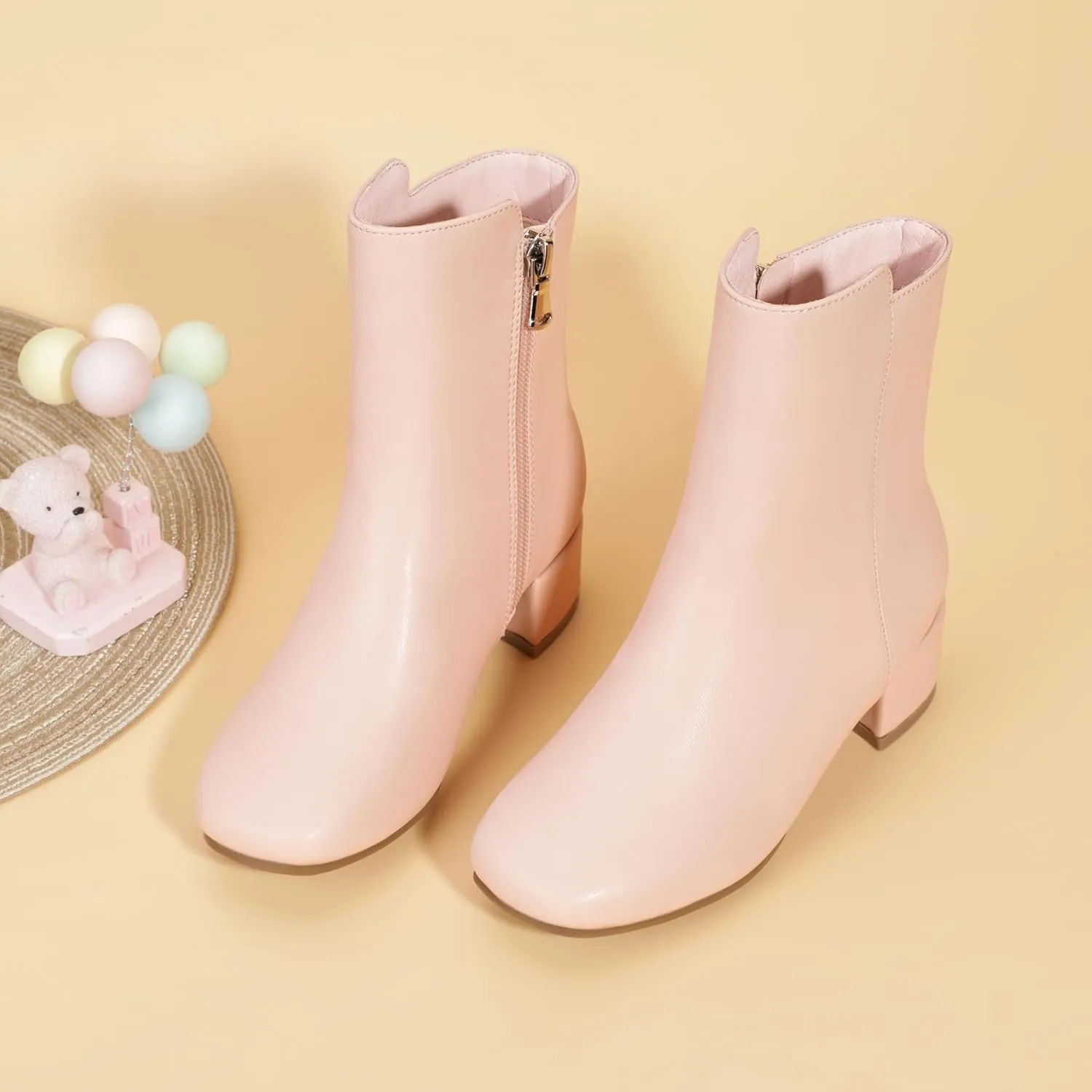 PANDANINJIA Alyssa Girls Fashion Boots Square-Toe Dress Boots Low Heel Ankle Booties with Zipper for Toddler Little Kids Big Kids