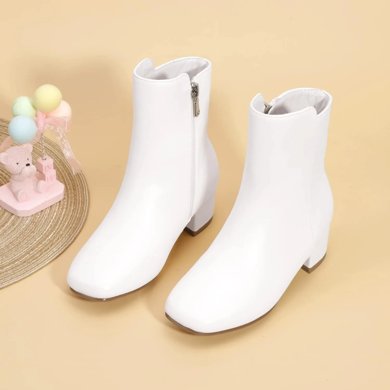 PANDANINJIA Alyssa Girls Fashion Boots Square-Toe Dress Boots Low Heel Ankle Booties with Zipper for Toddler Little Kids Big Kids