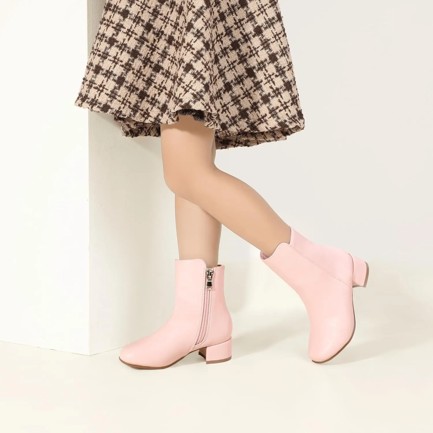 PANDANINJIA Alyssa Girls Fashion Boots Square-Toe Dress Boots Low Heel Ankle Booties with Zipper for Toddler Little Kids Big Kids