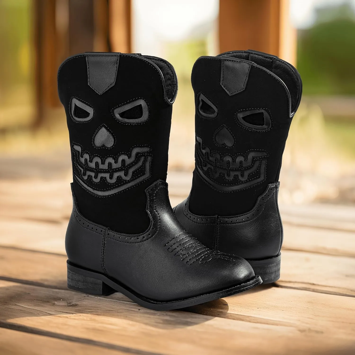 PANDANINJIA Girls Cowboy Boots For Boys Kids Toddler Western Mid Calf Cowgirl Boots Riding Shoes With Halloween Skull Element Booties