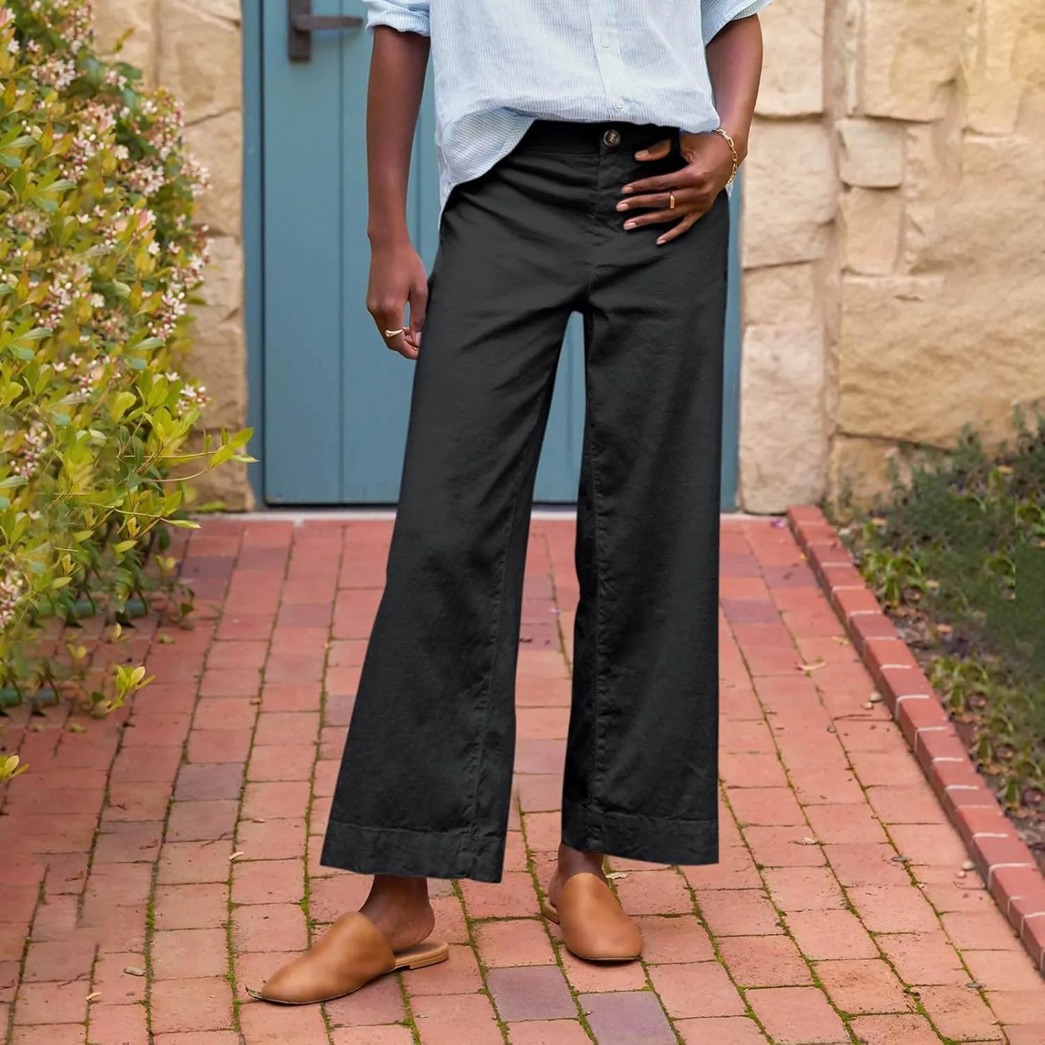 Pants for Women Trendy Casual Daily Elastic Waist Pant with Pockets Solid Color Loose Fashionable Straight Trousers