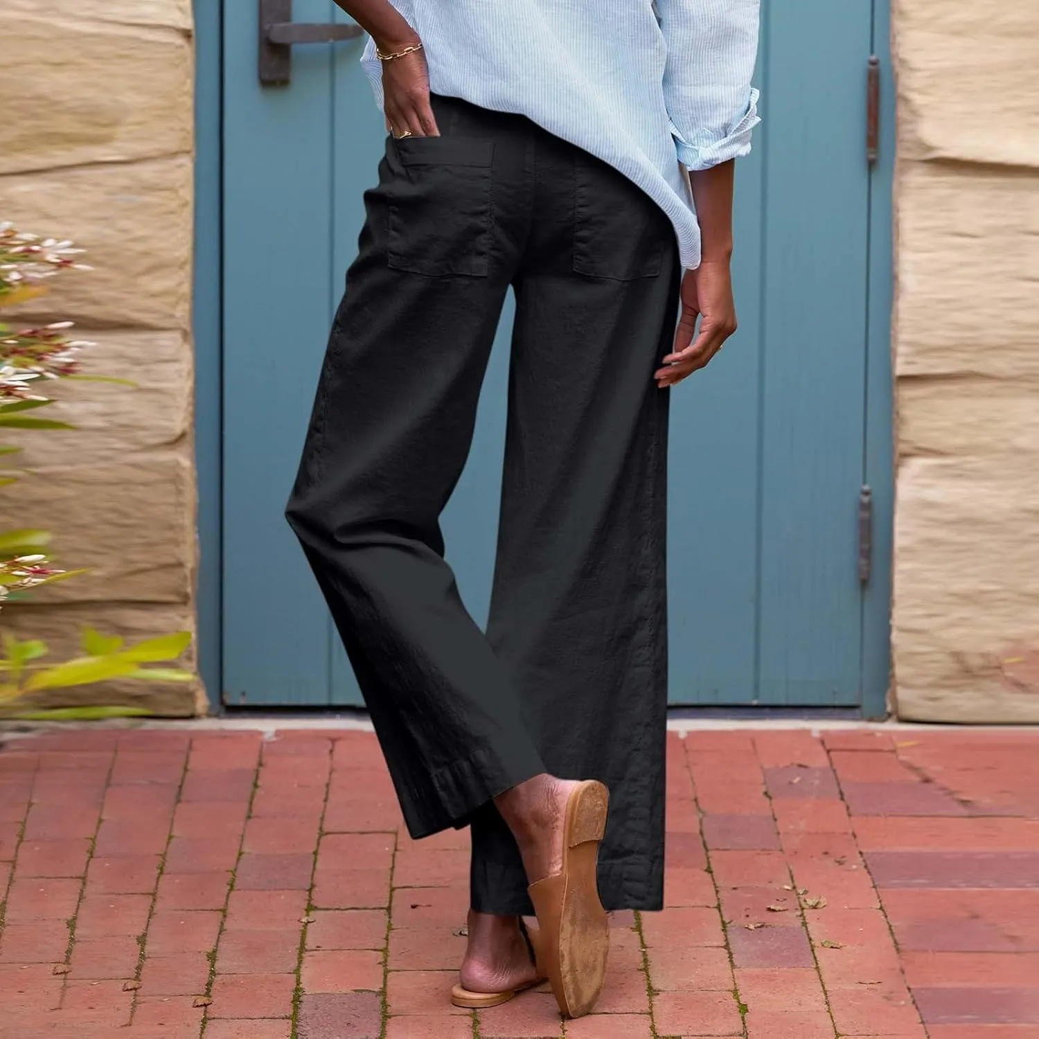 Pants for Women Trendy Casual Daily Elastic Waist Pant with Pockets Solid Color Loose Fashionable Straight Trousers