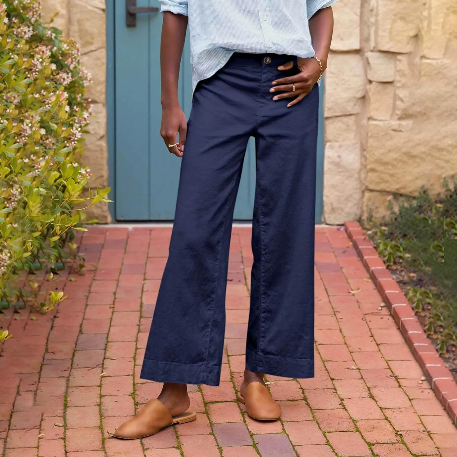 Pants for Women Trendy Casual Daily Elastic Waist Pant with Pockets Solid Color Loose Fashionable Straight Trousers