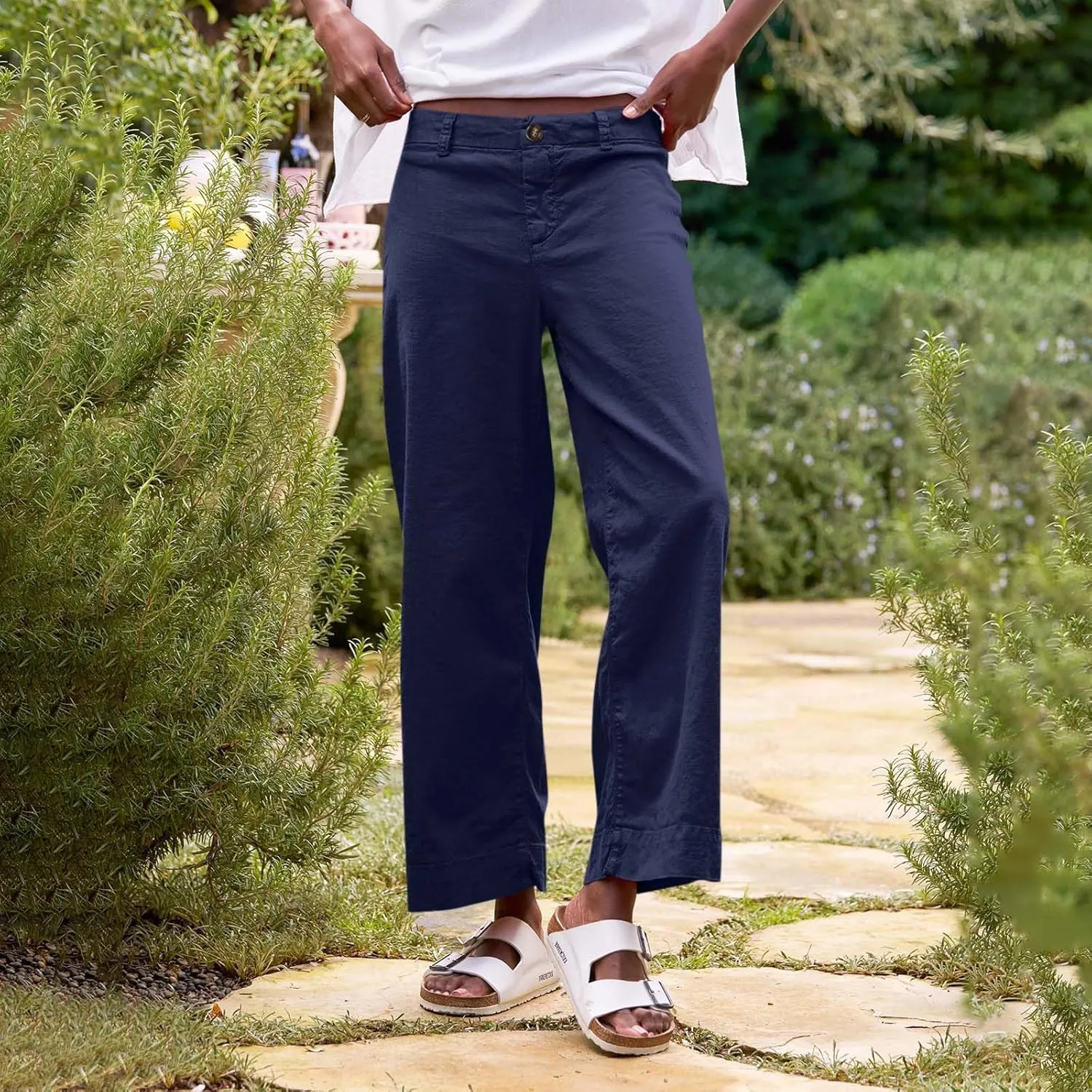 Pants for Women Trendy Casual Daily Elastic Waist Pant with Pockets Solid Color Loose Fashionable Straight Trousers