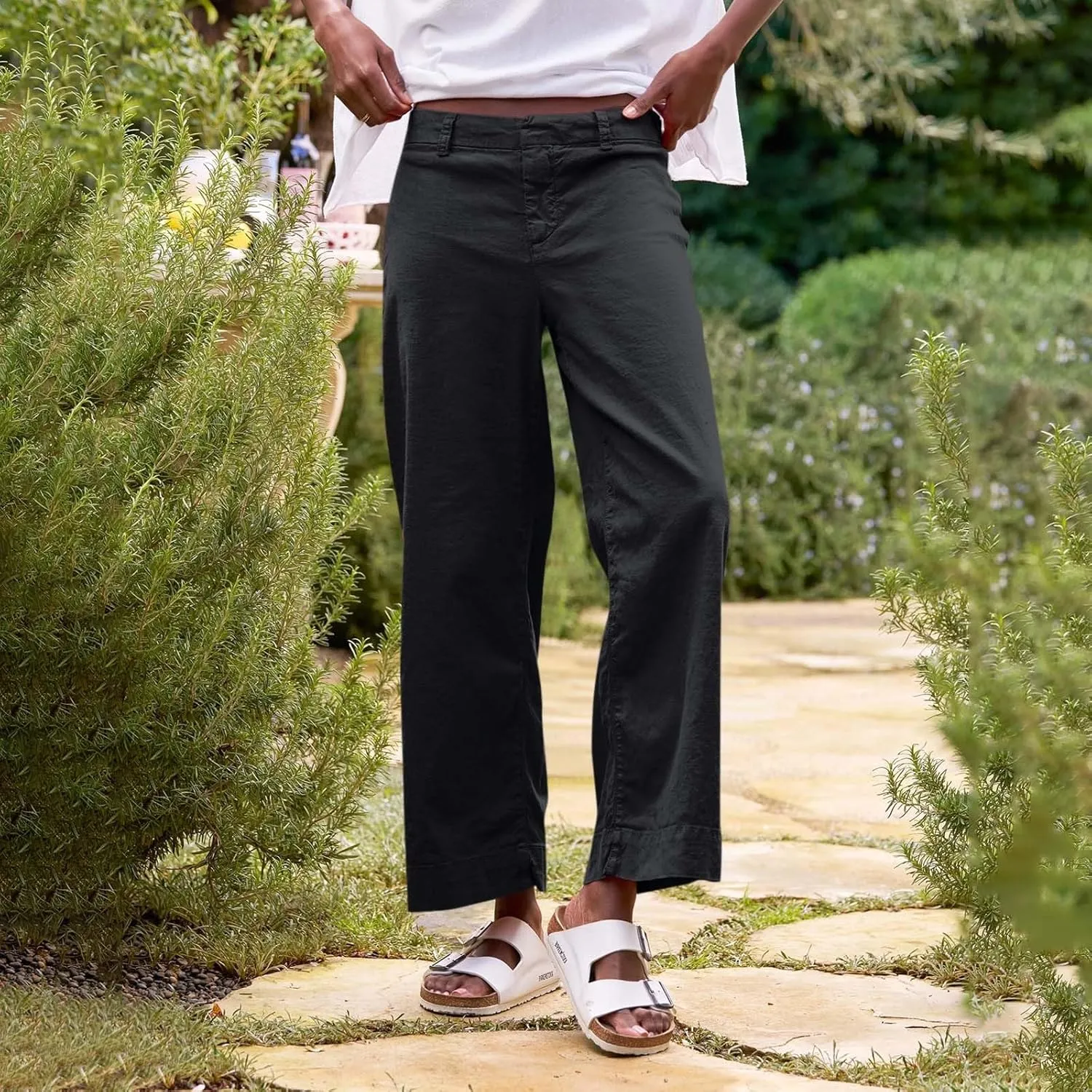 Pants for Women Trendy Casual Daily Elastic Waist Pant with Pockets Solid Color Loose Fashionable Straight Trousers