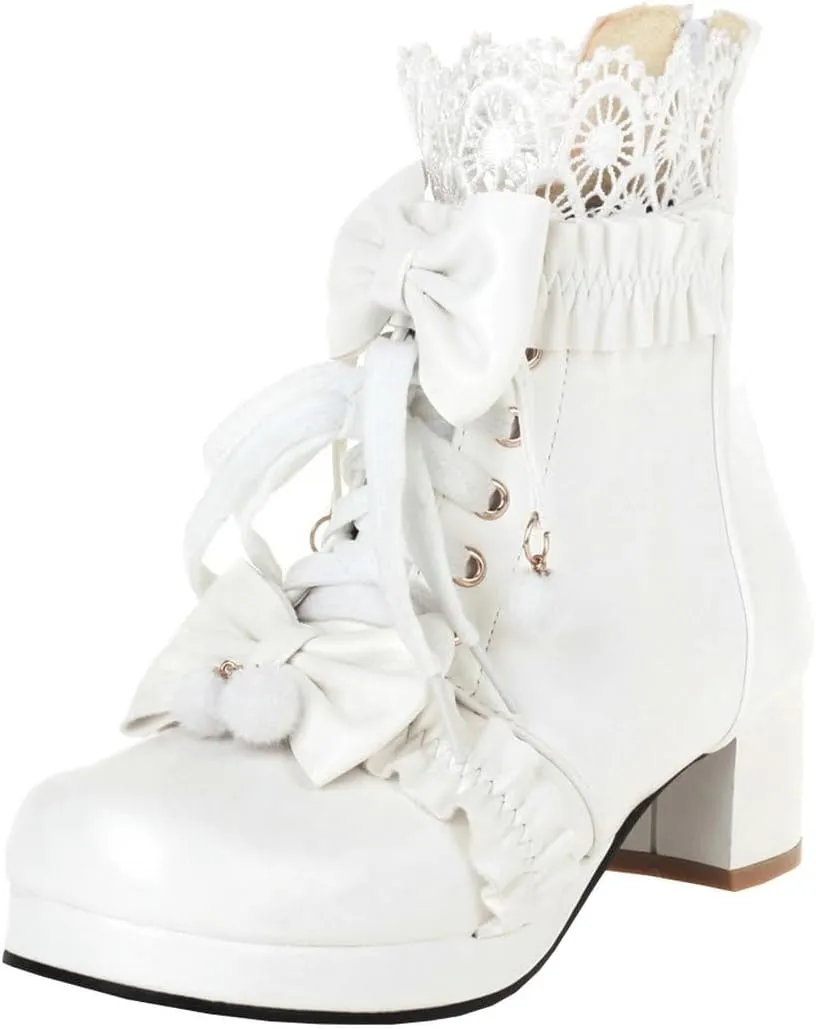 Parisuit Womens Cute Pearl Bow Goth Lolita Boots Chunky Heel Ankle Boots Platform Lace Up Booties Sweet Lace Cosplay Shoes