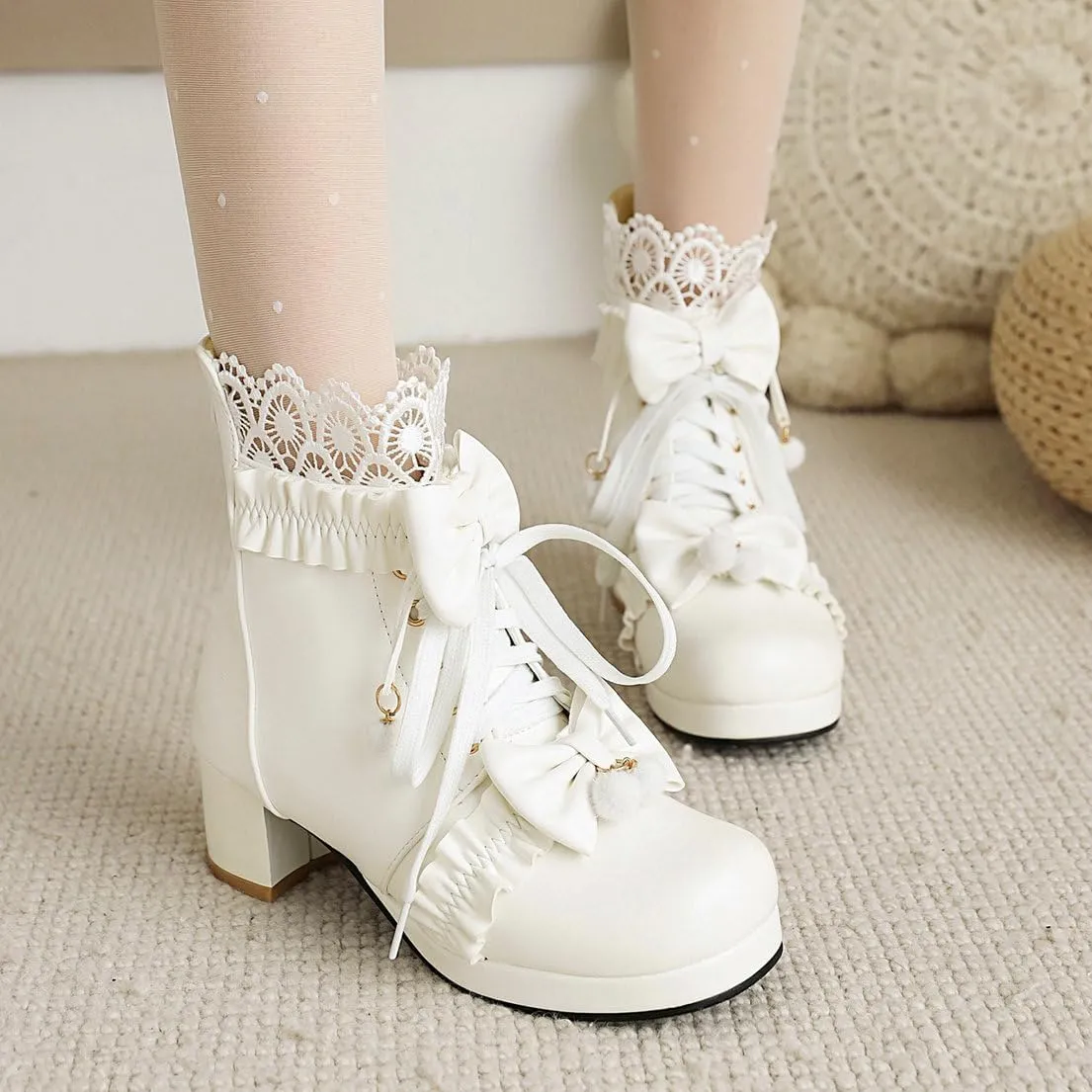 Parisuit Womens Cute Pearl Bow Goth Lolita Boots Chunky Heel Ankle Boots Platform Lace Up Booties Sweet Lace Cosplay Shoes