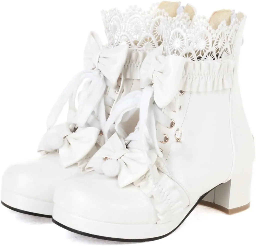 Parisuit Womens Cute Pearl Bow Goth Lolita Boots Chunky Heel Ankle Boots Platform Lace Up Booties Sweet Lace Cosplay Shoes