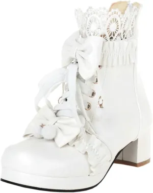 Parisuit Womens Cute Pearl Bow Goth Lolita Boots Chunky Heel Ankle Boots Platform Lace Up Booties Sweet Lace Cosplay Shoes