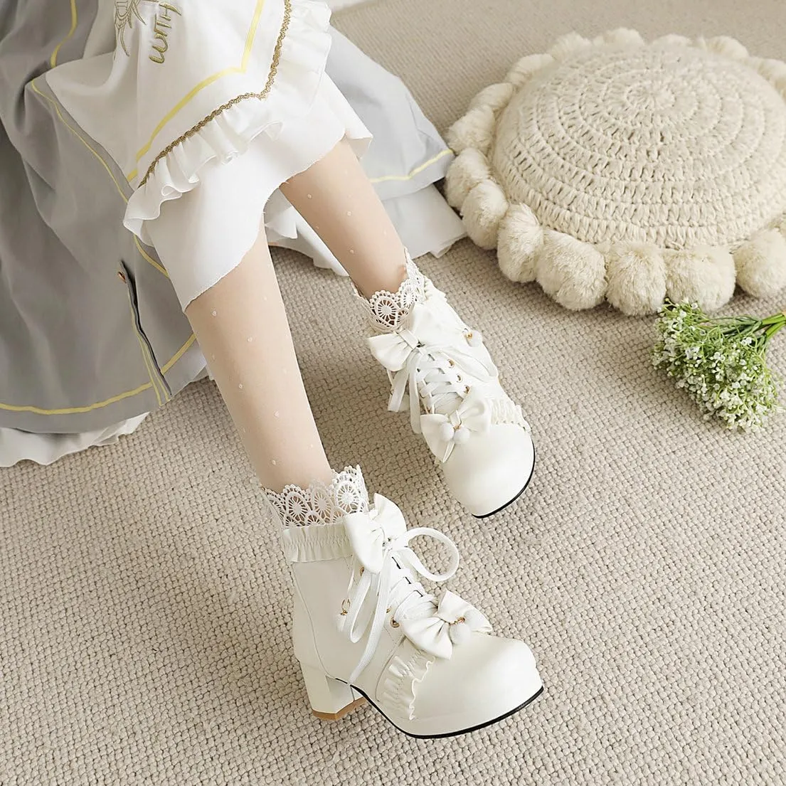 Parisuit Womens Cute Pearl Bow Goth Lolita Boots Chunky Heel Ankle Boots Platform Lace Up Booties Sweet Lace Cosplay Shoes