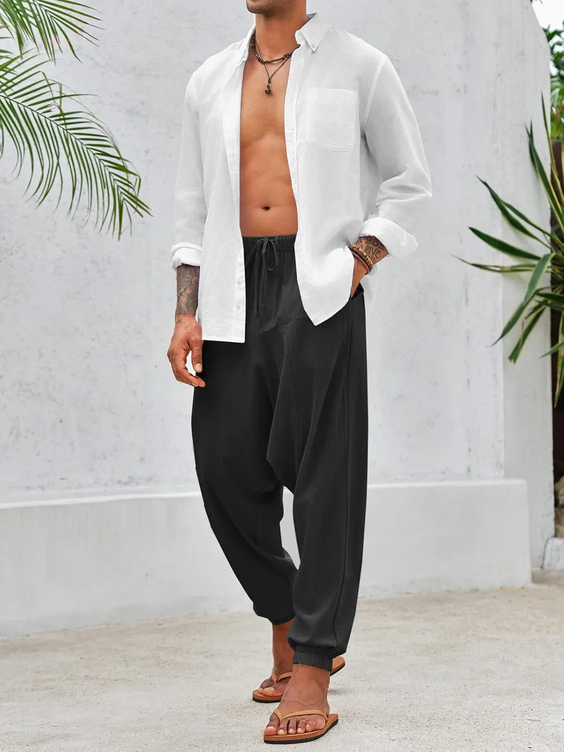 PASLTER Mens Harem Pants Baggy Casual Cotton Linen Boho Yoga Drop Crotch Hippie Trousers
