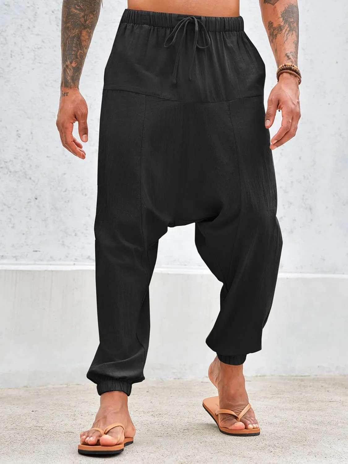 PASLTER Mens Harem Pants Baggy Casual Cotton Linen Boho Yoga Drop Crotch Hippie Trousers