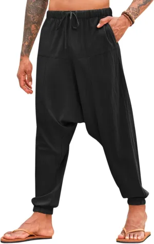 PASLTER Mens Harem Pants Baggy Casual Cotton Linen Boho Yoga Drop Crotch Hippie Trousers