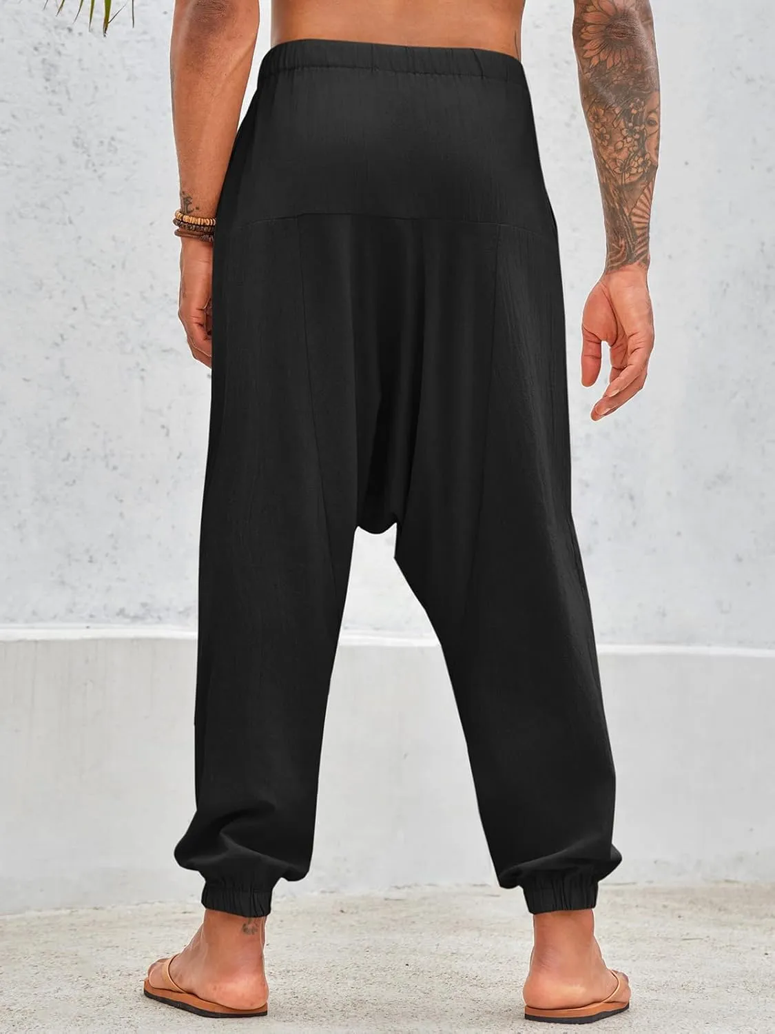 PASLTER Mens Harem Pants Baggy Casual Cotton Linen Boho Yoga Drop Crotch Hippie Trousers