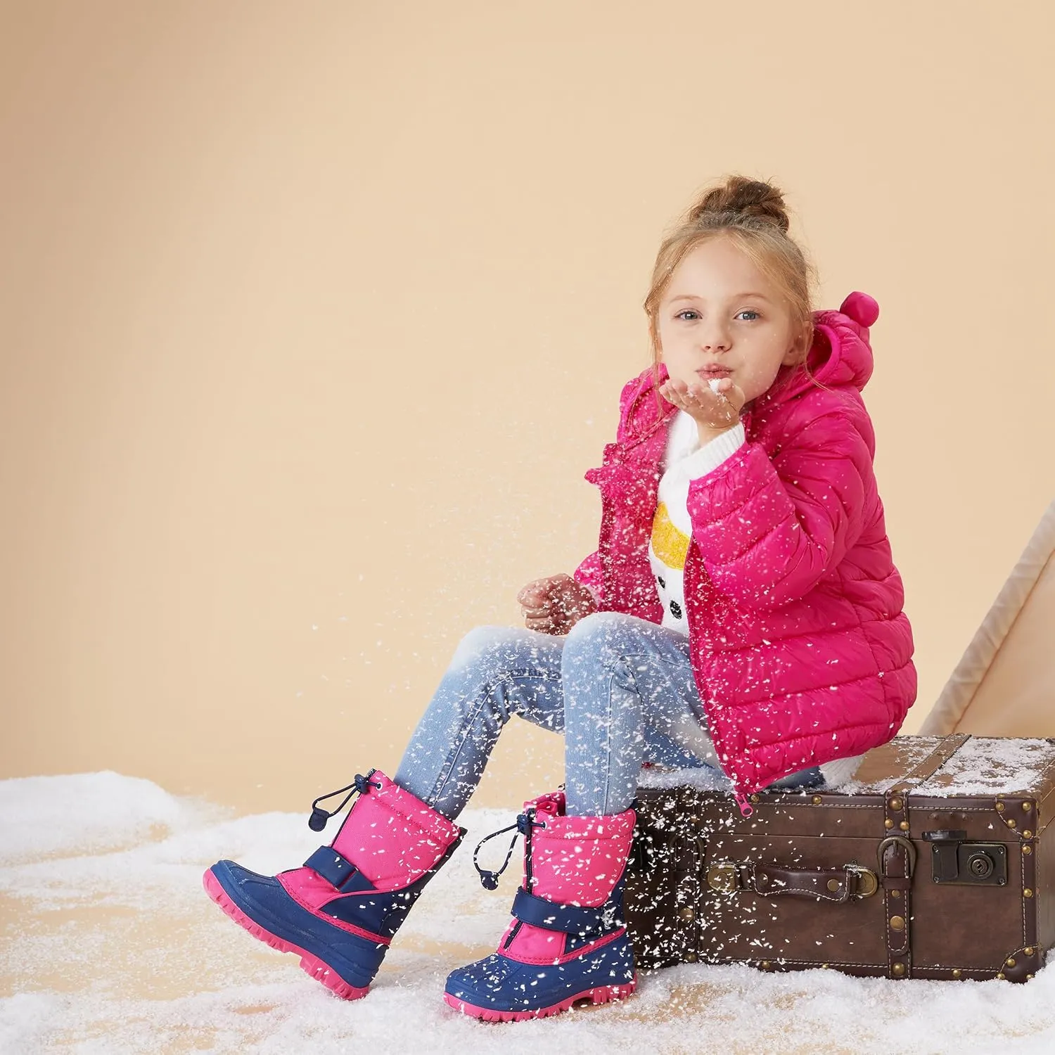 PATPAT Girls and Boys Winter Snow Boots Adjustable Bungee Lace and Hook & Loop Straps Front Zipper Waterproof Outdoor Boot