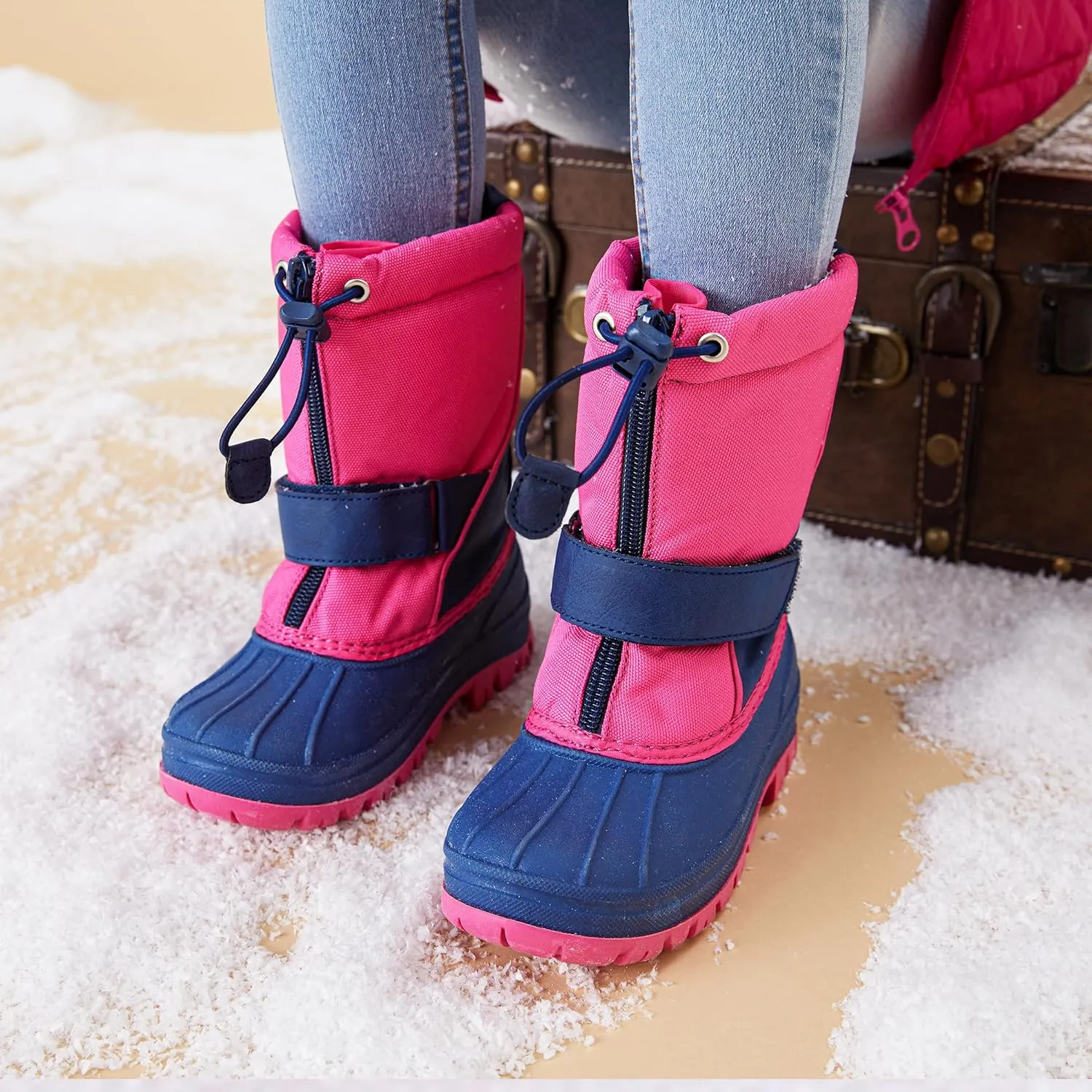 PATPAT Girls and Boys Winter Snow Boots Adjustable Bungee Lace and Hook & Loop Straps Front Zipper Waterproof Outdoor Boot