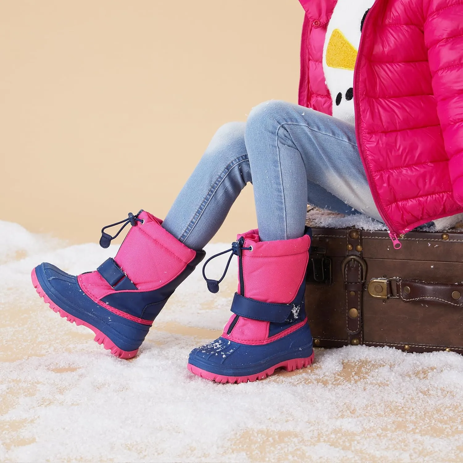 PATPAT Girls and Boys Winter Snow Boots Adjustable Bungee Lace and Hook & Loop Straps Front Zipper Waterproof Outdoor Boot