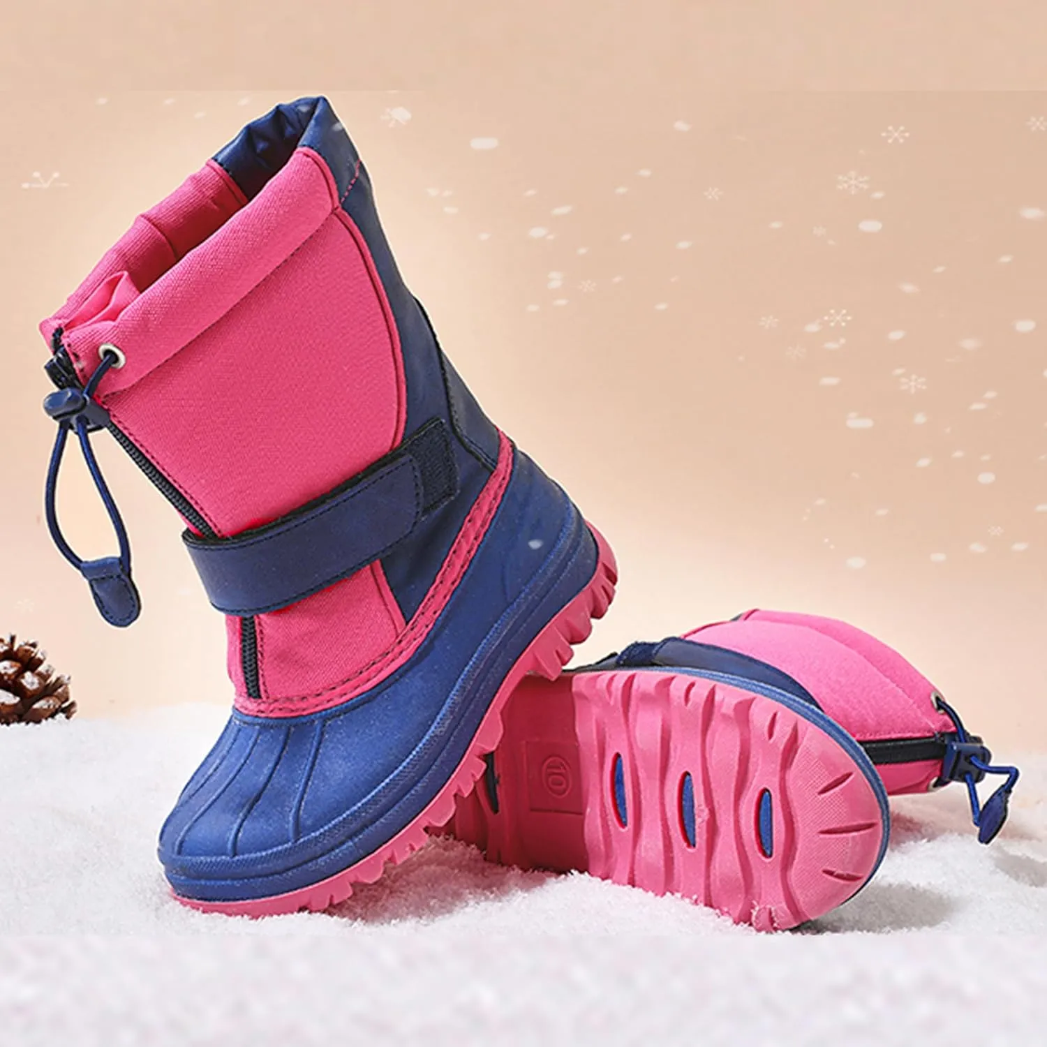 PATPAT Girls and Boys Winter Snow Boots Adjustable Bungee Lace and Hook & Loop Straps Front Zipper Waterproof Outdoor Boot